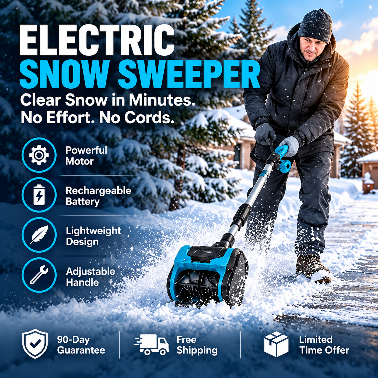 Electric snow sweeper shown clearing fresh snow. Illustrated winter advertisement