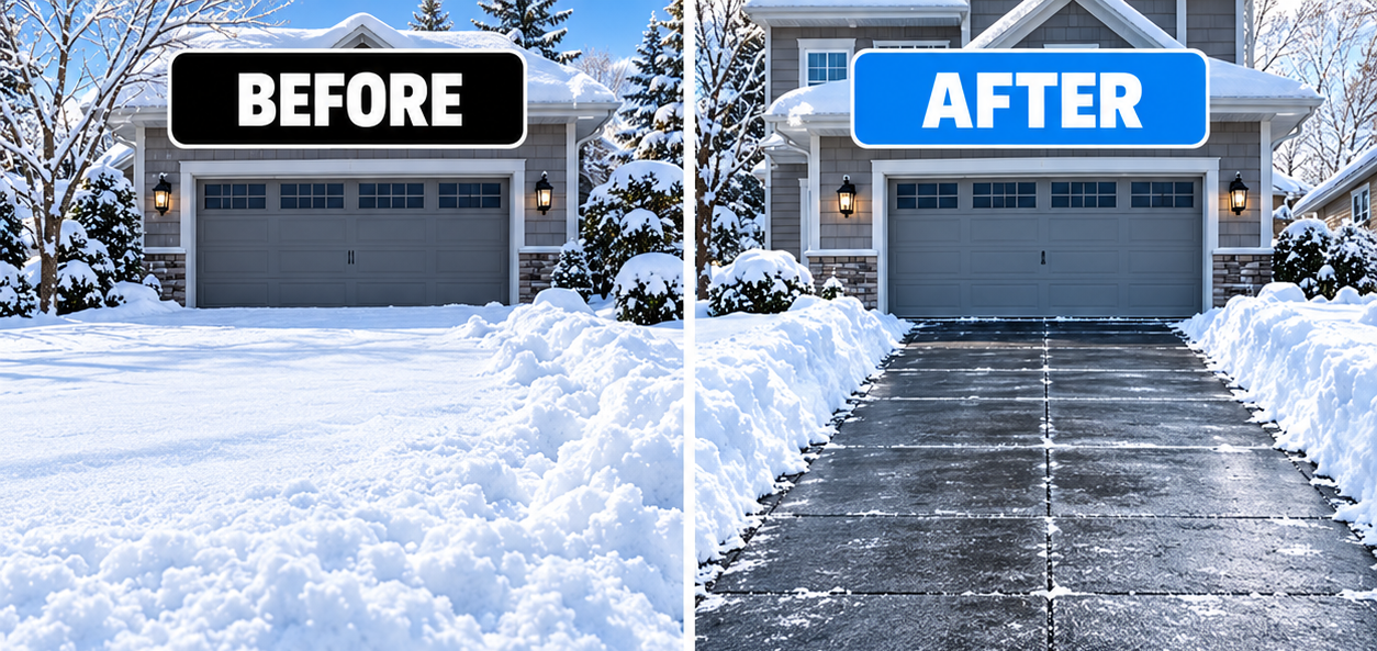 Illustrative before and after snow clearing driveway visual, not proof of product performance