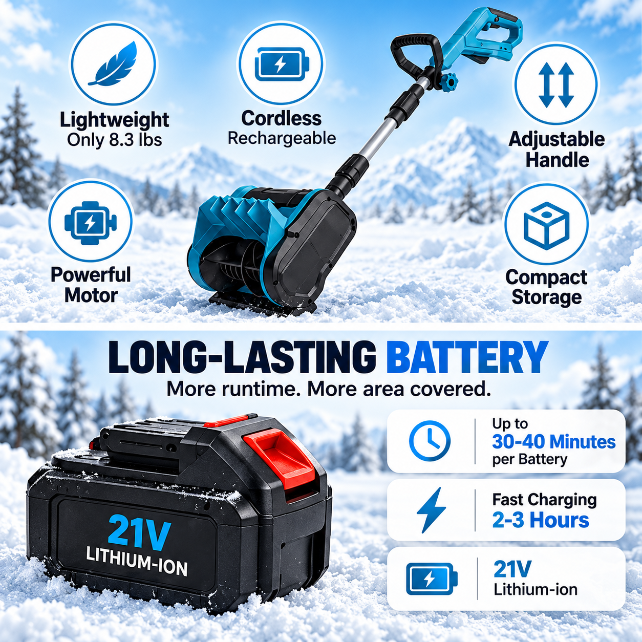 Product benefits and battery infographic; depicted runtime and charging claims require verification