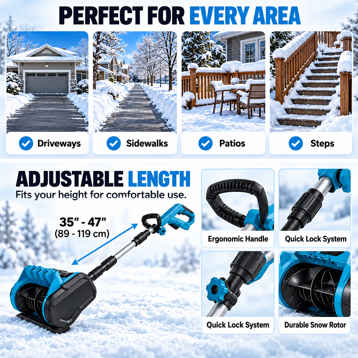Illustrations of use areas and adjustable handle product details